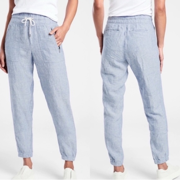 Athleta Cabo Linen Jogger Pants Relaxed Fit Summer Light Blue Coastal Athleisure - Picture 1 of 14